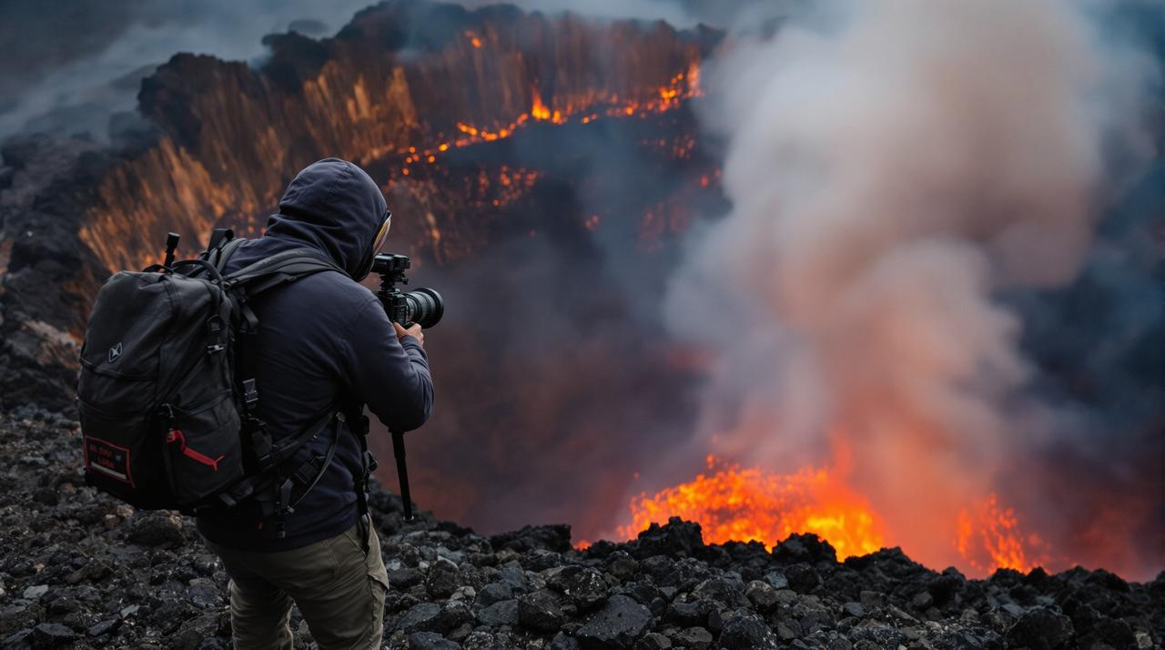 在火山口拍摄的极限挑战
